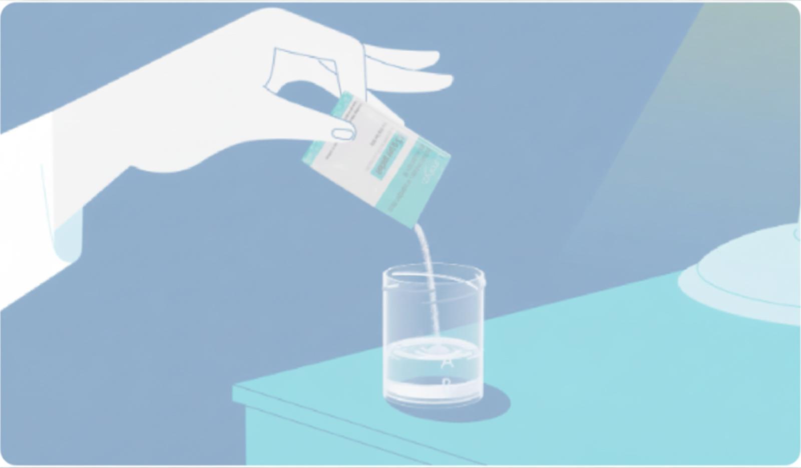 An illustration of a hand pouring a dose of Lumryz into a glass.